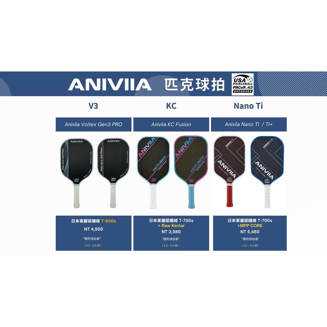ANIVIIA 2026 高階球拍型錄總覽，包含 Voltex Gen3 Pro、KC Fusion、Nano Ti 與 Nano Ti+ 三條高階產品線