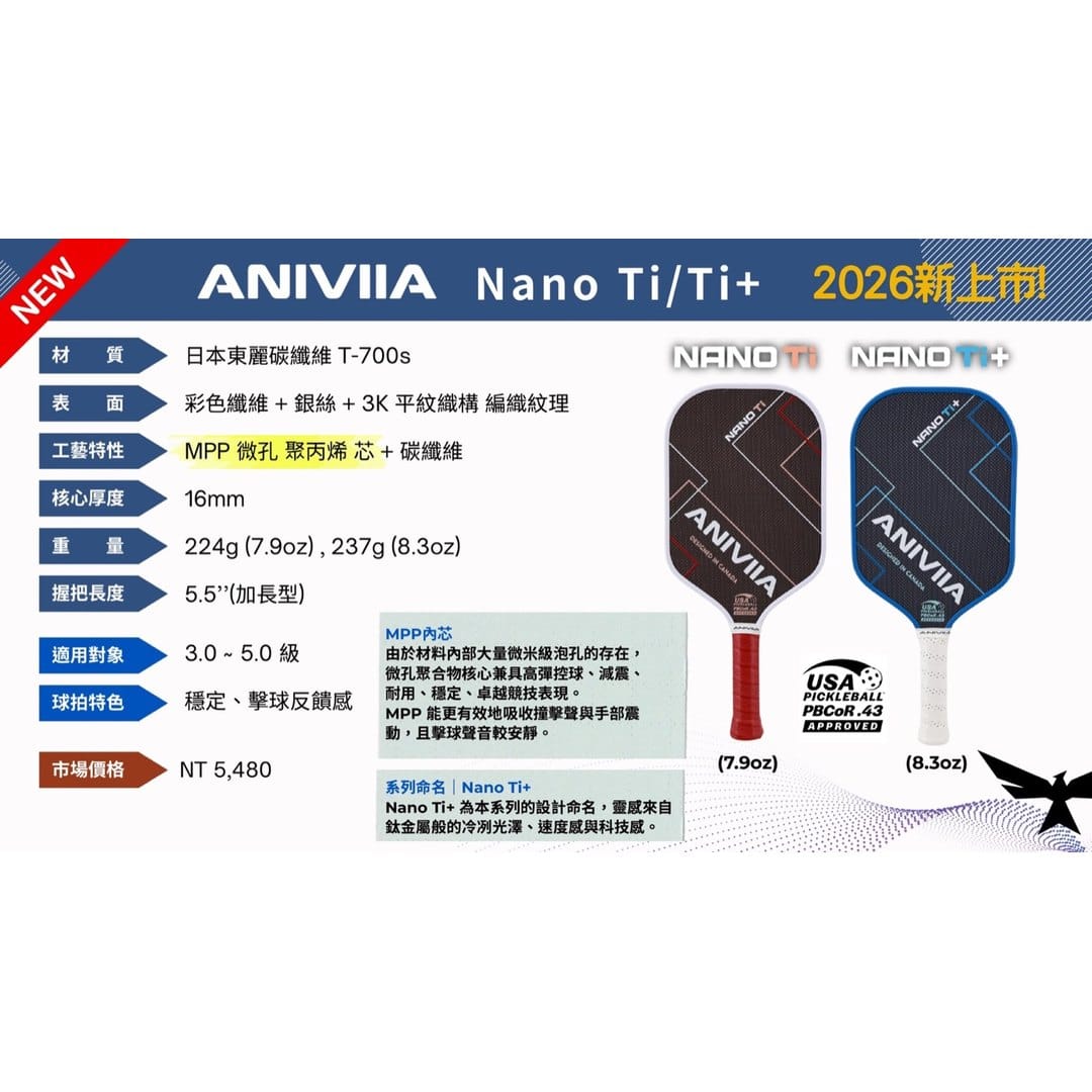 ANIVIIA Nano Ti 與 Nano Ti+ 2026 新上市型錄頁，列出 Titanium x T700s、MPP 拍芯、16mm、5.5 吋握把與 NT$5,480