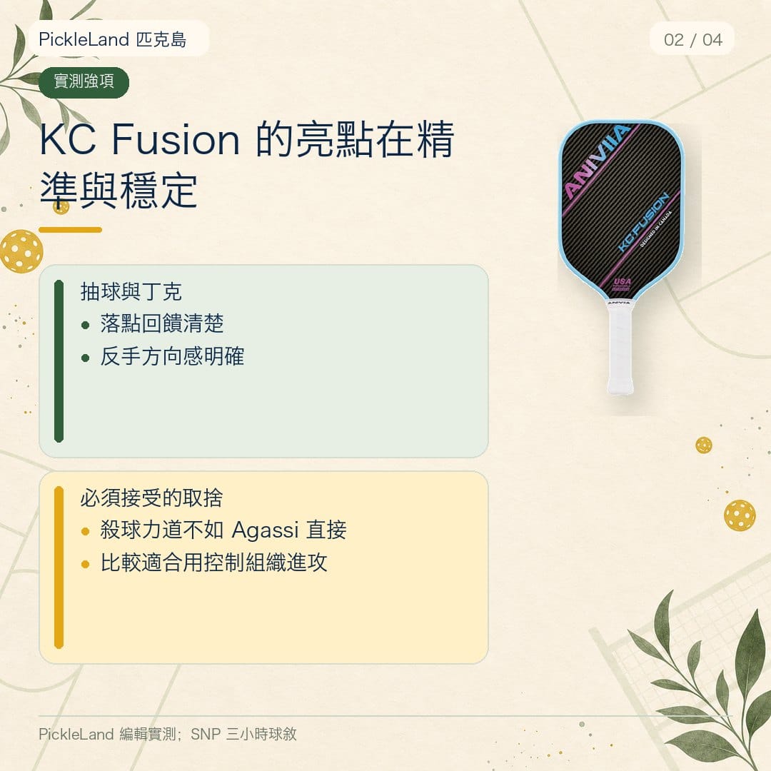 PickleLand KC Fusion 編輯評分卡，重點放在控球與反手丁克精準度