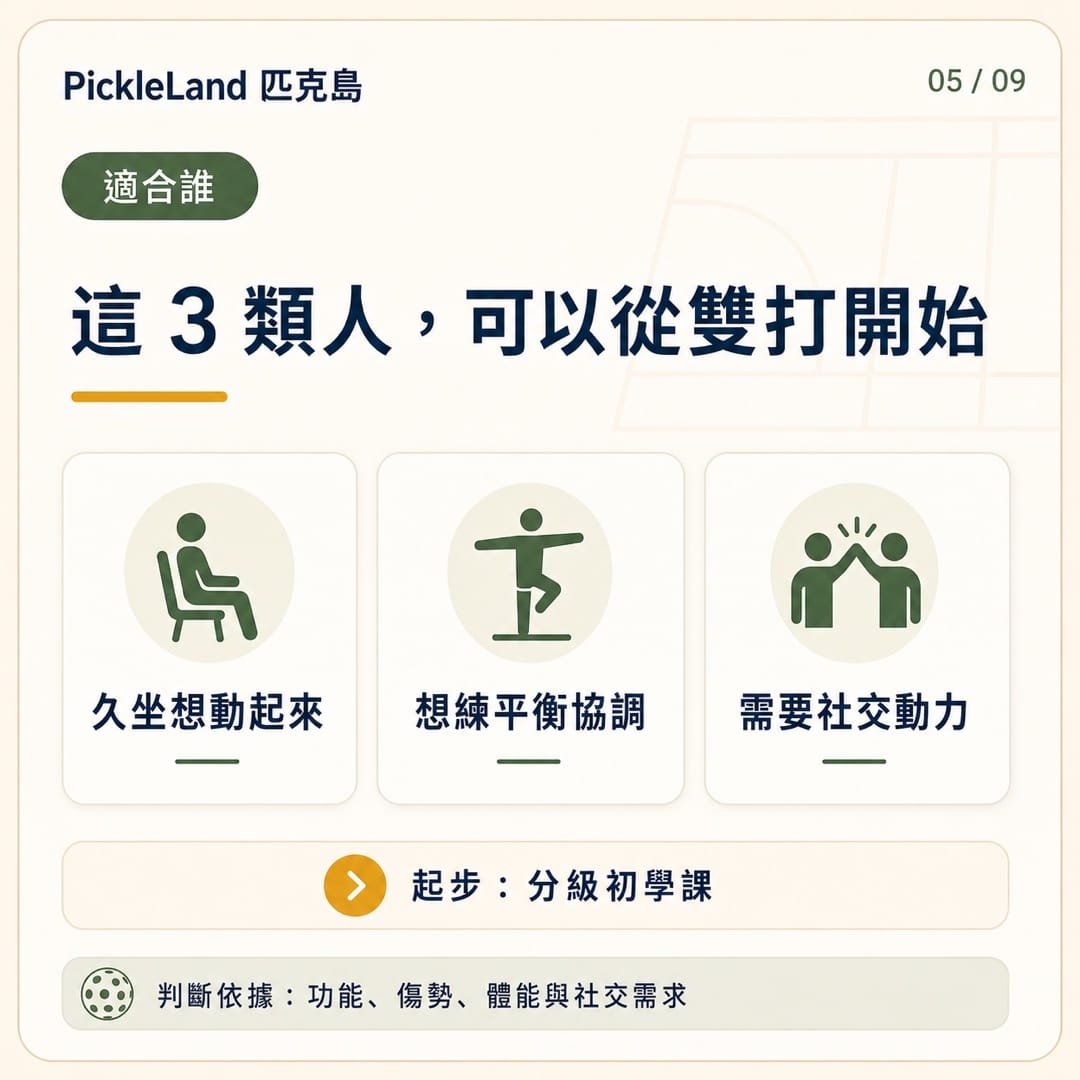 特別適合嘗試匹克球的幾類人：久坐新手、想練平衡協調者、需要社交動力者