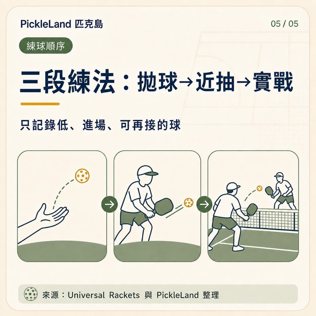 PickleLand 三階段短擋截擊練球圖卡,依序從拋球、近距離抽球進入實戰