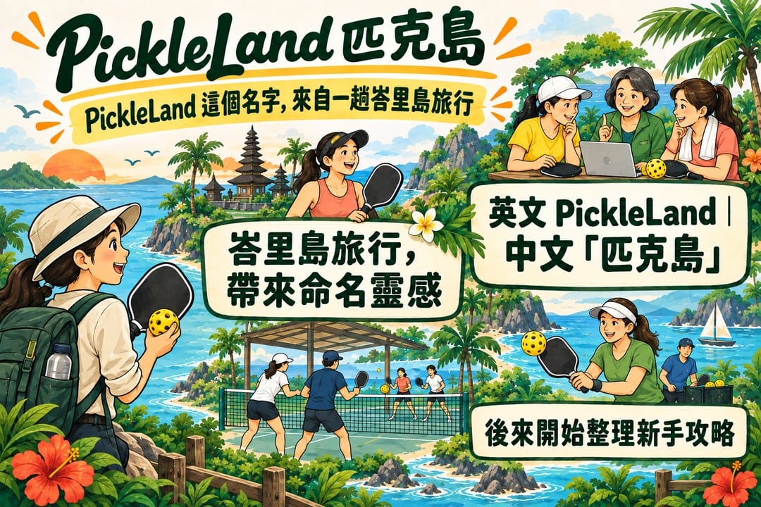 峇里島海岸與小島場景中,一位旅人拿著球拍,三個區塊連起峇里島旅行的命名靈感、英文名 PickleLand 與中文名「匹克島」,以及後來整理的新手攻略。