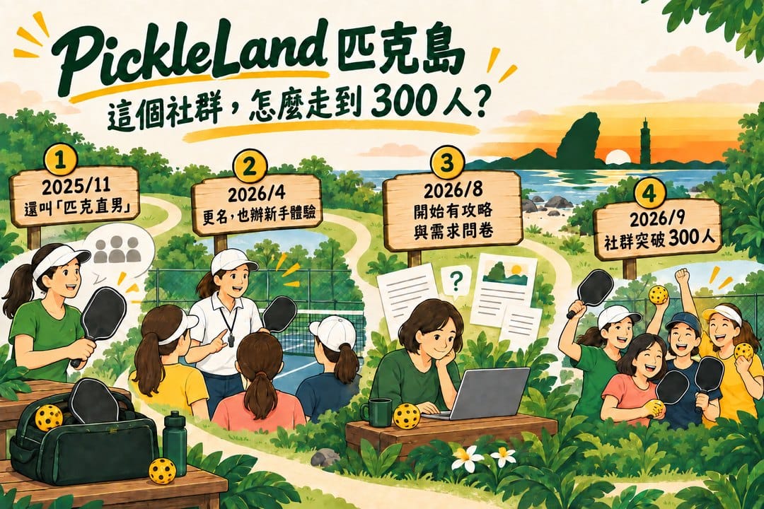 蜿蜒步道上有四個里程碑:2025 年 11 月仍用舊群名,2026 年 4 月更名並辦新手體驗,8 月開始有攻略與需求問卷,9 月社群突破 300 人;沿途搭配球場討論、編輯整理與球友合照。