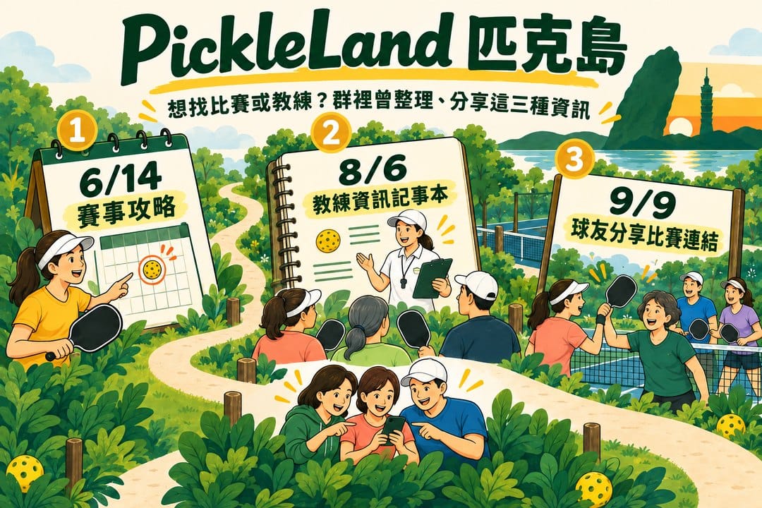 蜿蜒路徑旁有三個資訊看板:6 月 14 日賽事攻略、8 月 6 日教練資訊記事本,以及 9 月 9 日球友分享的比賽連結;前景有球友一起看手機交流。