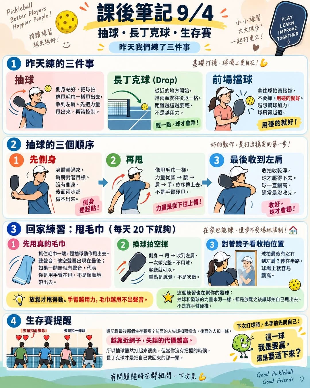 9/4 第三拍訓練營課後筆記:抽球、長丁克球、甩毛巾練習與生存賽