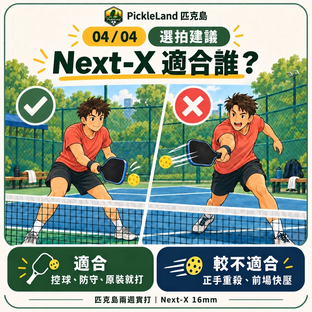 同一位 PickleLand 插畫球員分別示範 Next-X 適合的控球防守打法，以及較不適合的正手重殺打法