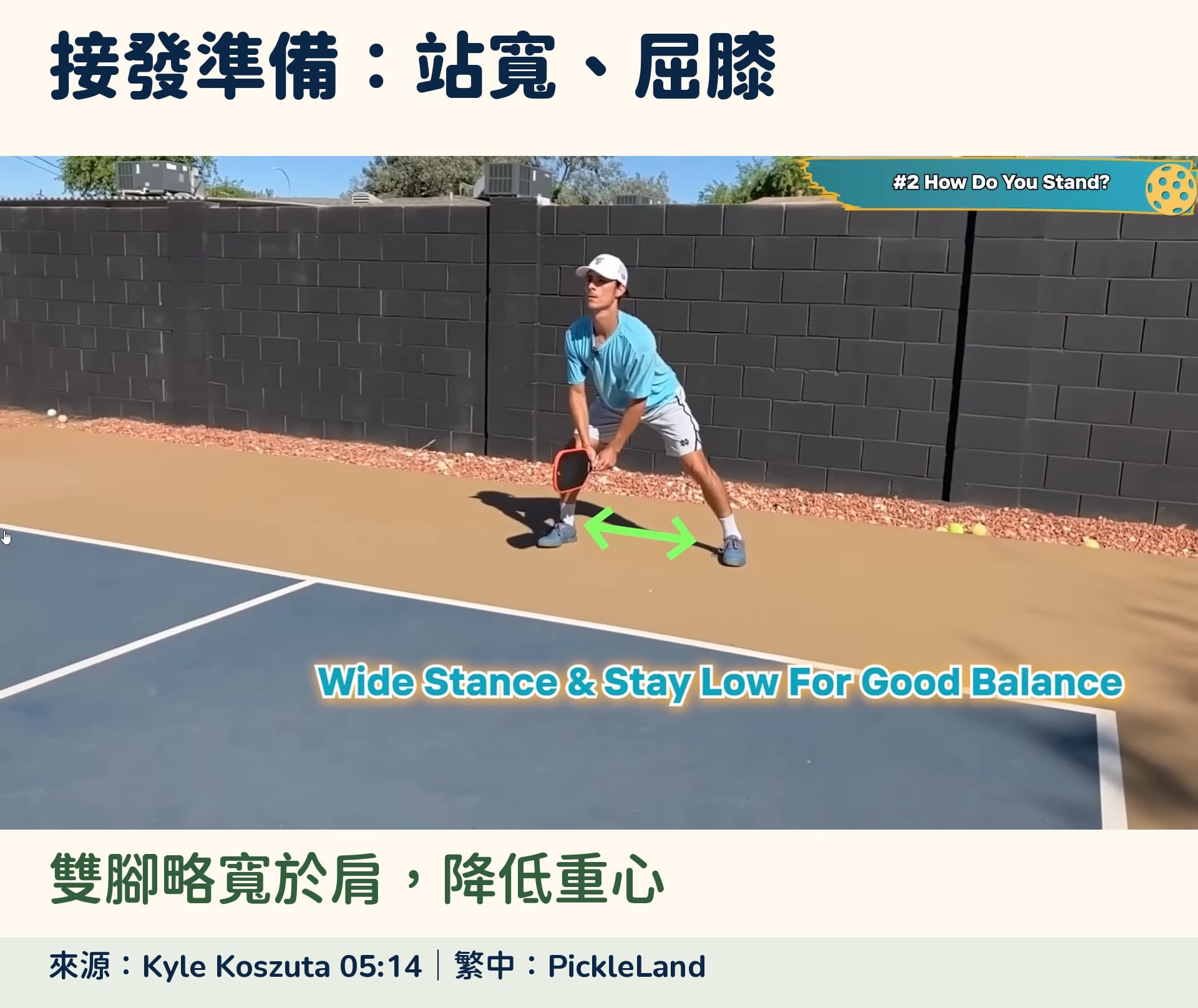 Kyle Koszuta 接發球教學中,Nico 雙腳站寬、屈膝降低重心的準備姿勢。