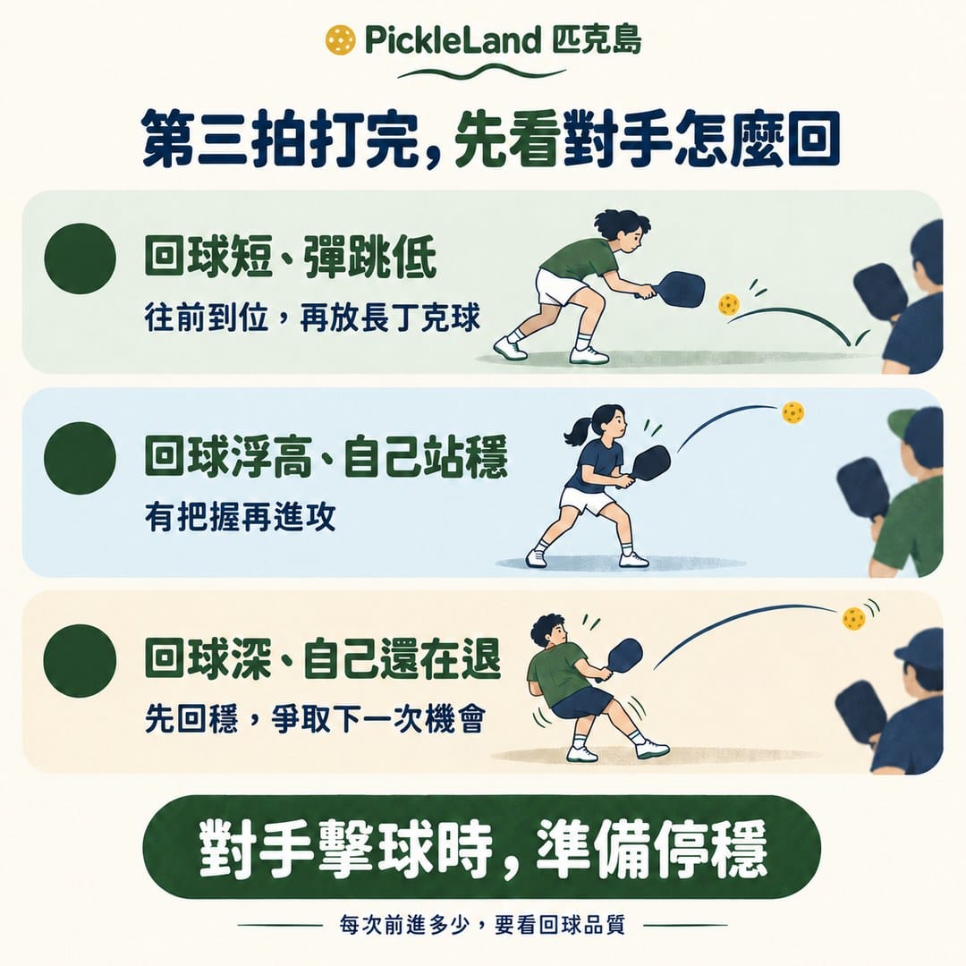 第三拍後依回球短低、浮高或深球,調整下一拍與前進時機