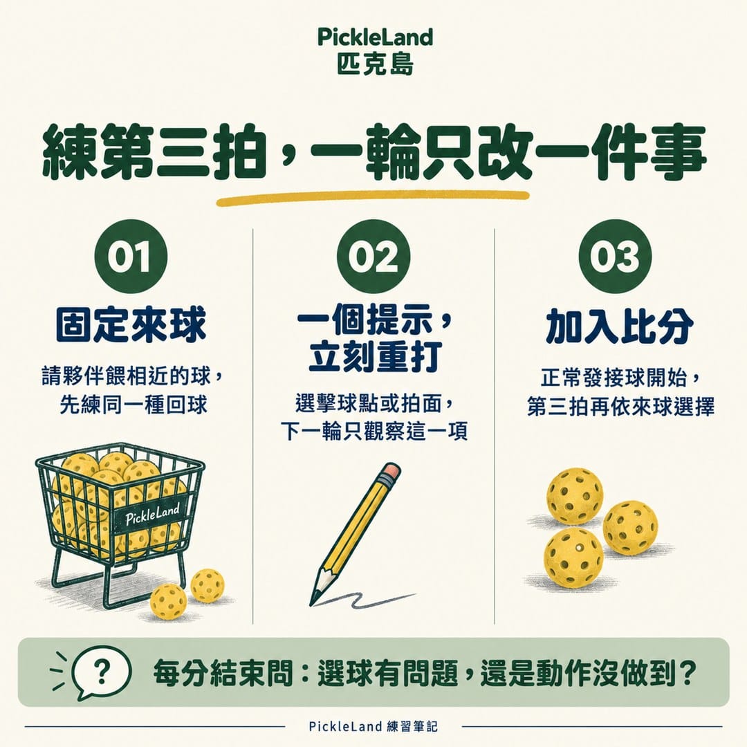 固定來球、單一提示重打,再加入比分的第三拍練習步驟