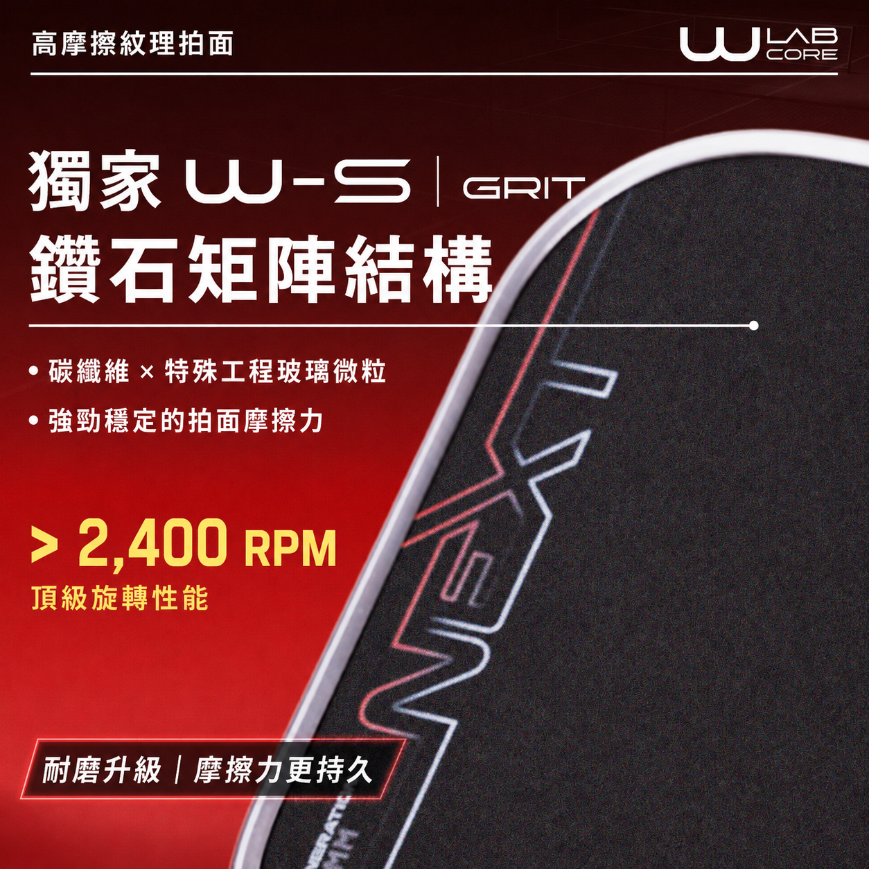 Wika 官方 W-S GRIT 鑽石矩陣拍面與超過 2400 RPM 宣稱圖