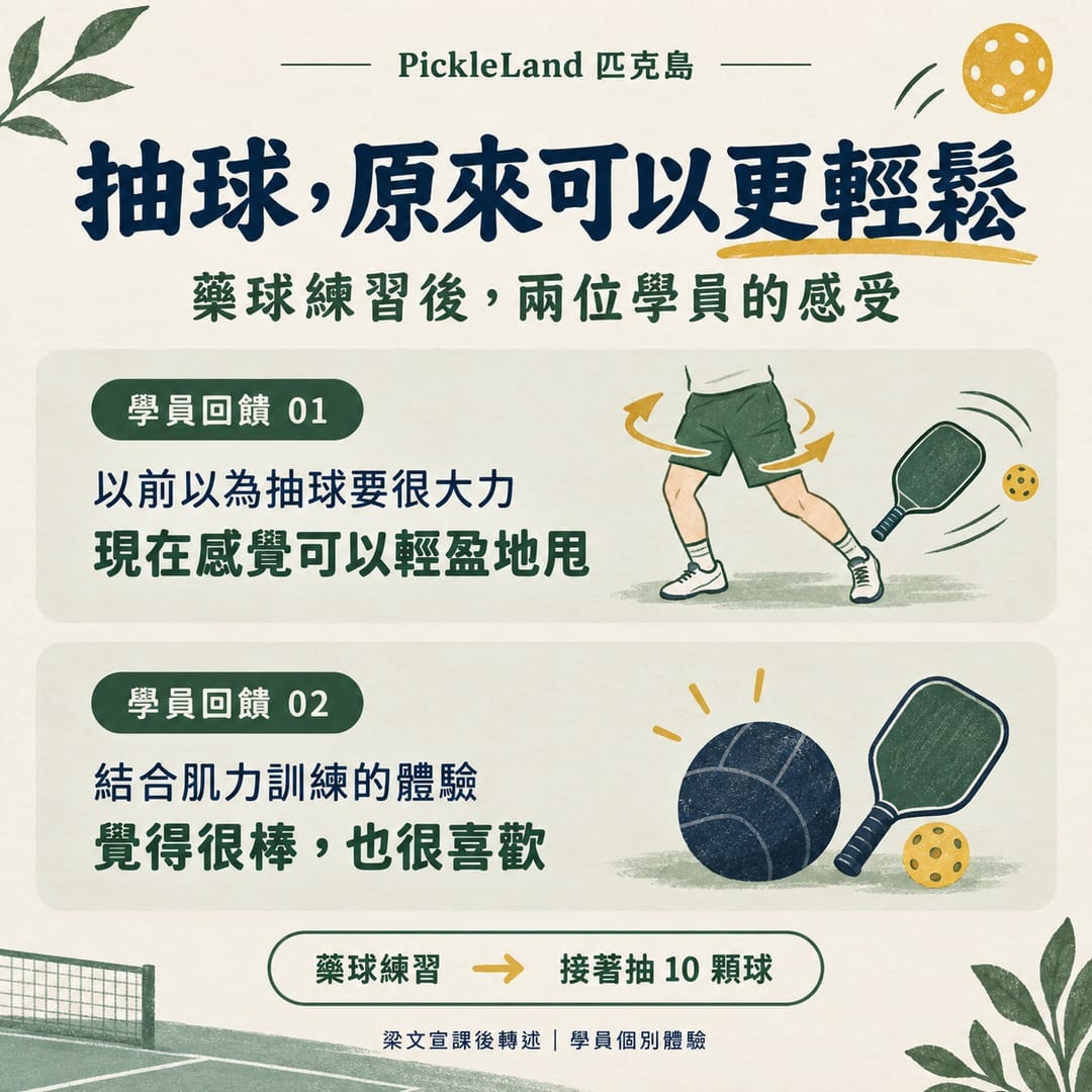 兩位學員在藥球搭配抽球練習後的個別感受:更輕盈,以及喜歡結合肌力訓練
